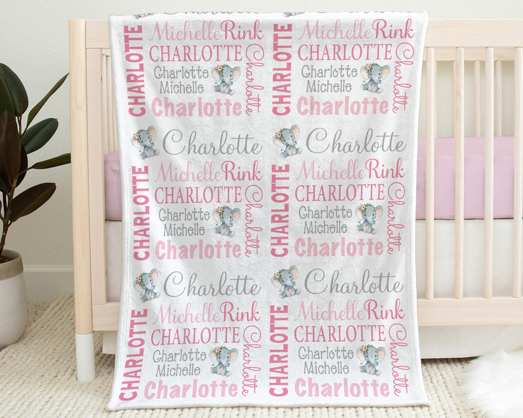 Girl elephant baby blanket, personalized newborn gift with elephants, pink and gray polka dot ear elephant baby swaddle (CHOOSE COLORS)