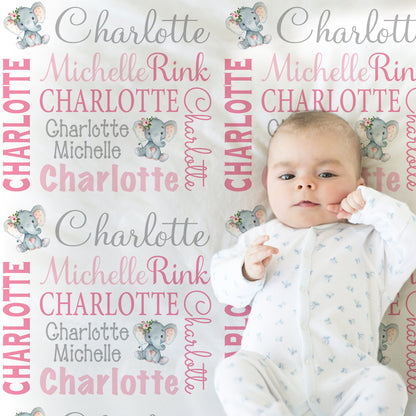 Girl elephant baby blanket, personalized newborn gift with elephants, pink and gray polka dot ear elephant baby swaddle (CHOOSE COLORS)
