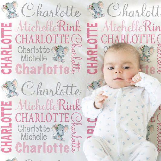Girl elephant baby blanket, personalized newborn gift with elephants, pink and gray polka dot ear elephant baby swaddle (CHOOSE COLORS)