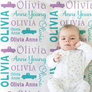 Vintage truck baby girl blanket, personalized newborn car blanket with name, oldies pick up truck swaddle, vehicle baby gift (CHOOSE COLOR)