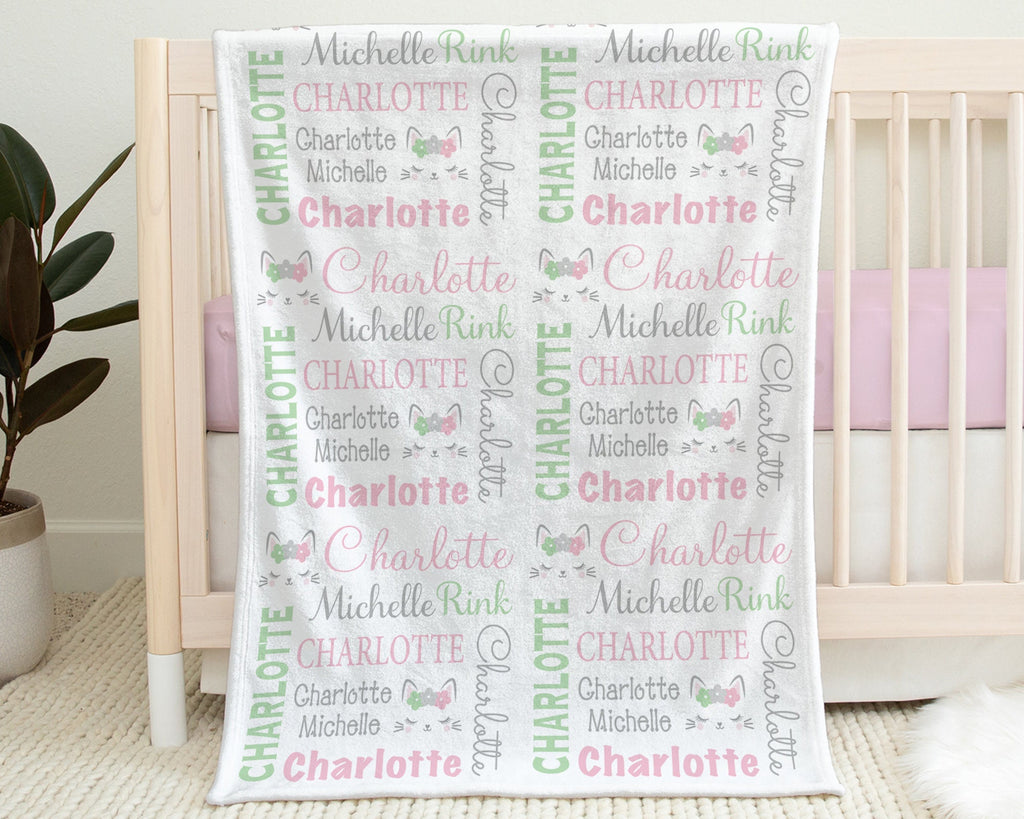 Personalized kitty cat baby blanket, newborn cat theme name blanket, cat baby girl gift, pink and mint kitten baby swaddle, (CHOOSE COLORS)