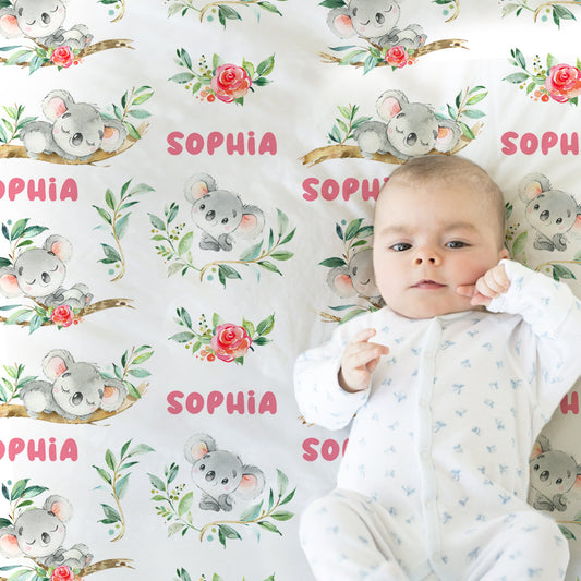 Baby girl koala name blanket, pink animal swaddle blanket, personalized koala baby gift, custom koala plants name blanket, koala baby gift