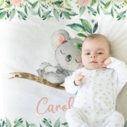 Girl floral koala baby blanket, koala bears baby name blanket, girls personalized baby gift, pink newborn koala and flowers swaddle blanket
