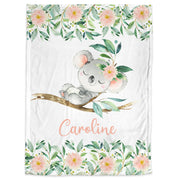 Girl floral koala baby blanket, koala bears baby name blanket, girls personalized baby gift, pink newborn koala and flowers swaddle blanket