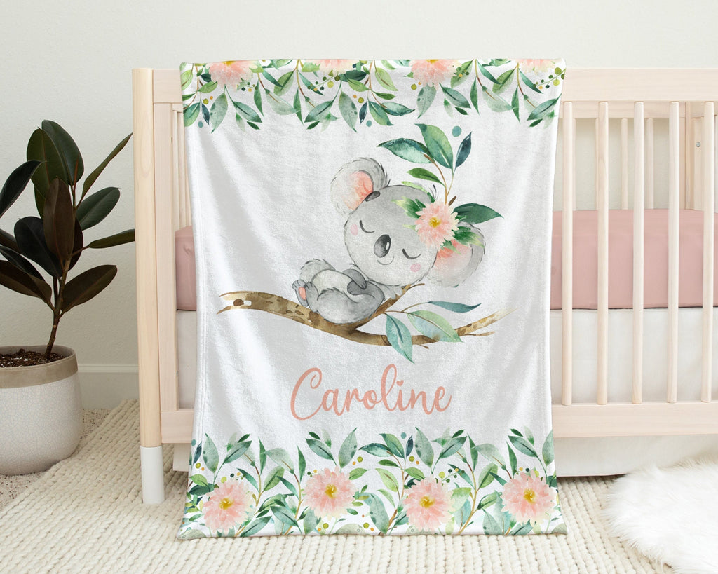 Girl floral koala baby blanket, koala bears baby name blanket, girls personalized baby gift, pink newborn koala and flowers swaddle blanket