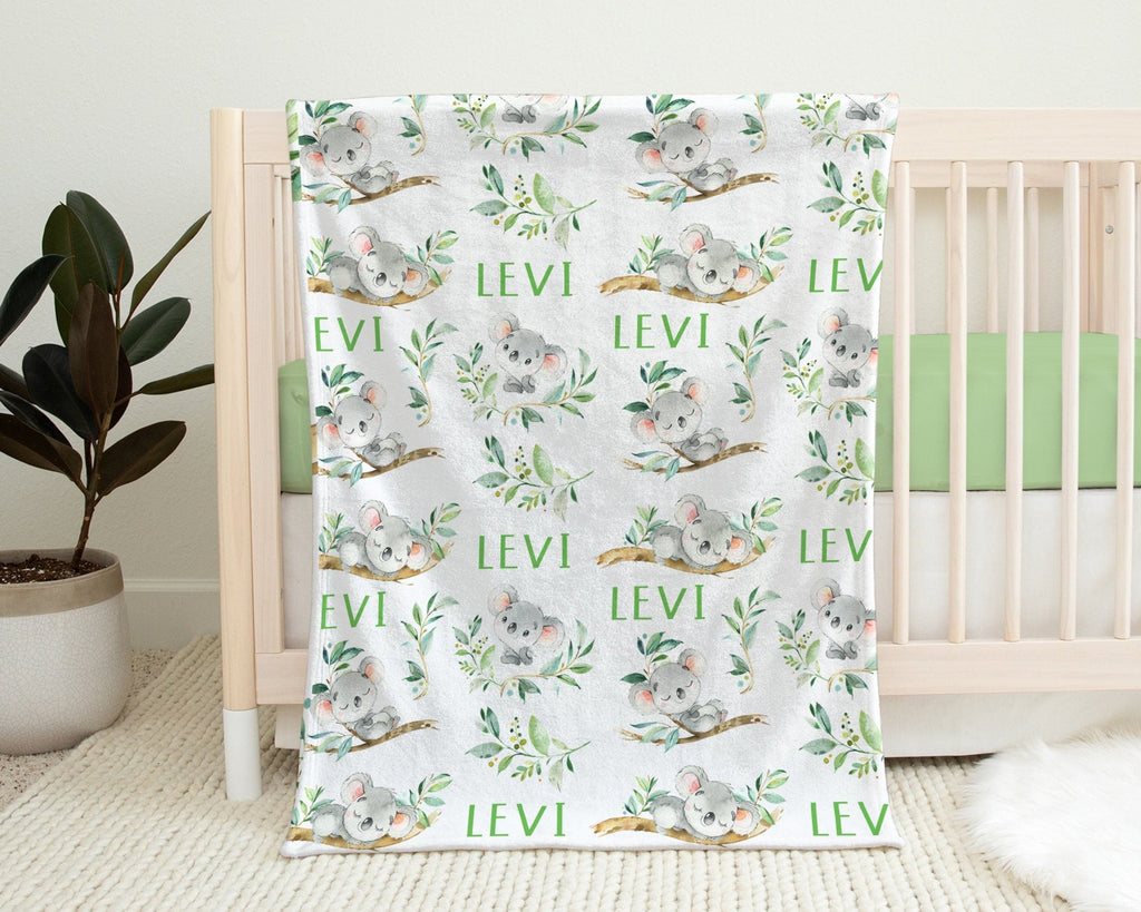 Boys koala bear baby blanket, newborn animal swaddle blanket with name, personalized koala and greenery baby gift, (CHOOSE COLORS)