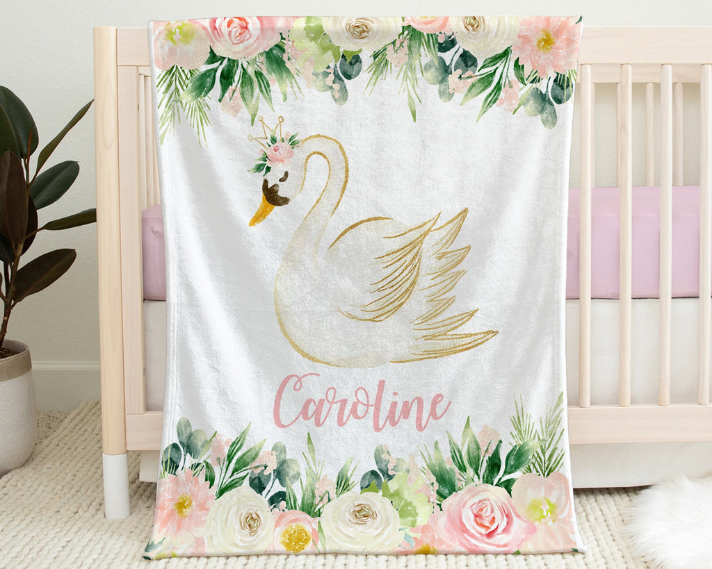 Girl floral swan baby blanket, swan princess baby name blanket, girls personalized baby gift, pink newborn swan and flowers swaddle blanket