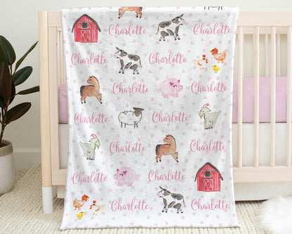 Personalized Farm Animal Baby Name Blanket Girl
