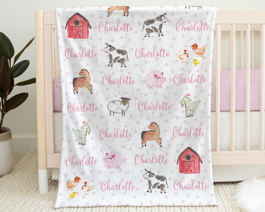 Personalized farm animal baby blanket, newborn girl farming barn swaddle name blanket, personalized farm baby gift, pig, sheep, horse, cows