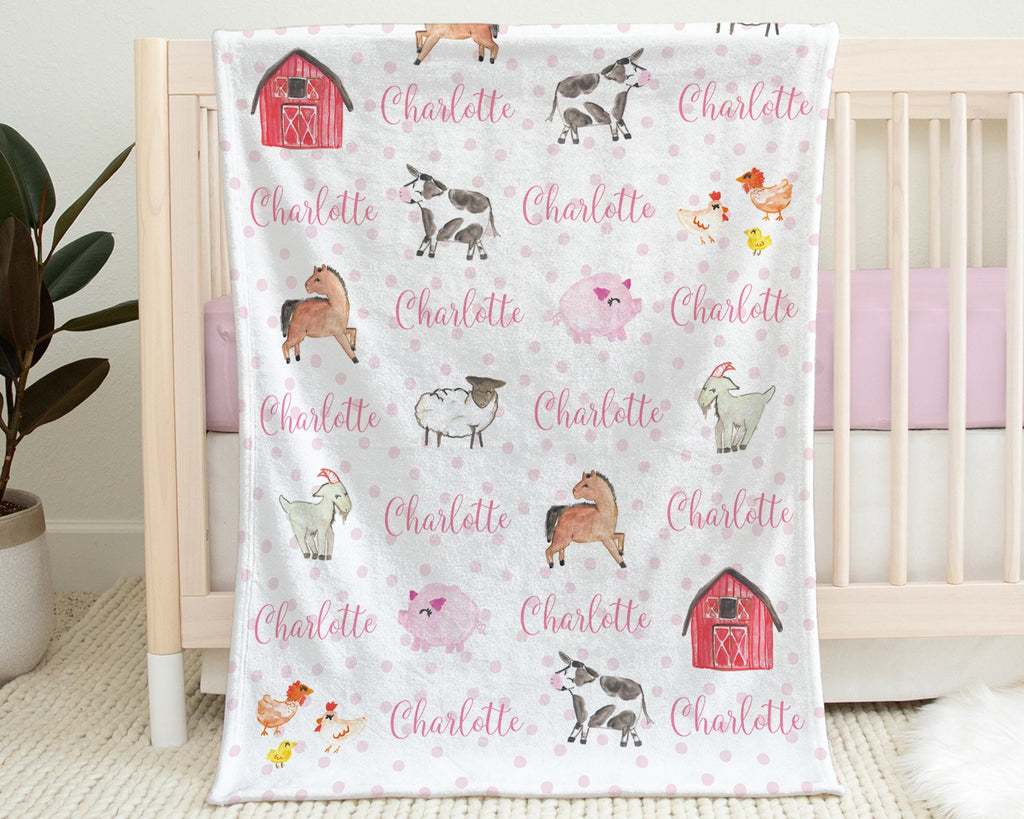 Personalized farm animal baby blanket, newborn girl farming barn swaddle name blanket, personalized farm baby gift, pig, sheep, horse, cows