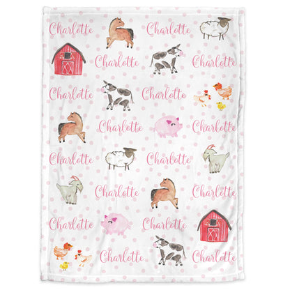 Personalized Farm Animal Baby Name Blanket Girl