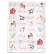 Personalized farm animal baby blanket, newborn girl farming barn swaddle name blanket, personalized farm baby gift, pig, sheep, horse, cows