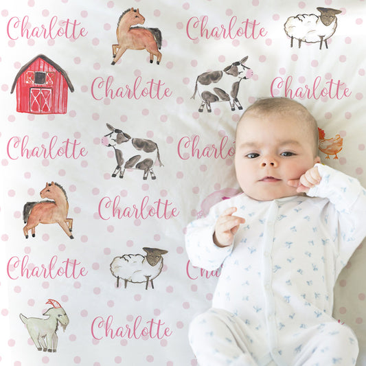 Personalized farm animal baby blanket, newborn girl farming barn swaddle name blanket, personalized farm baby gift, pig, sheep, horse, cows
