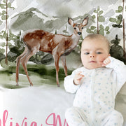 Baby girl deer mountain name blanket, wilderness forest trees baby blanket, personalized baby gift with deer, pink baby girl gift with deer