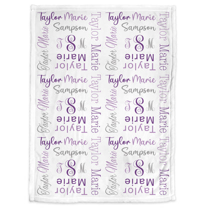 Personalized monogram baby blanket, monogrammed girls name blanket, purple and gray swaddle blanket, newborn gift with name only initials
