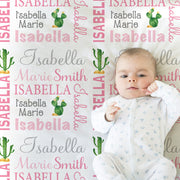 Pink cactus baby girl blanket, newborn desert cactus swaddle blanket, personalized cactus theme newborn baby gift with name (CHOOSE COLORS)