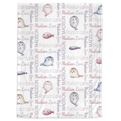 Personalized seal baby blanket, newborn seals blanket with name, pink ocean animal baby gift, beach seal swaddle (CHOOSE COLORS)
