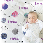 Personalized planets baby blanket, boy or girl space swaddle blanket with name, newborn space blanket baby gift, boy or girls (CHOOSE COLOR)