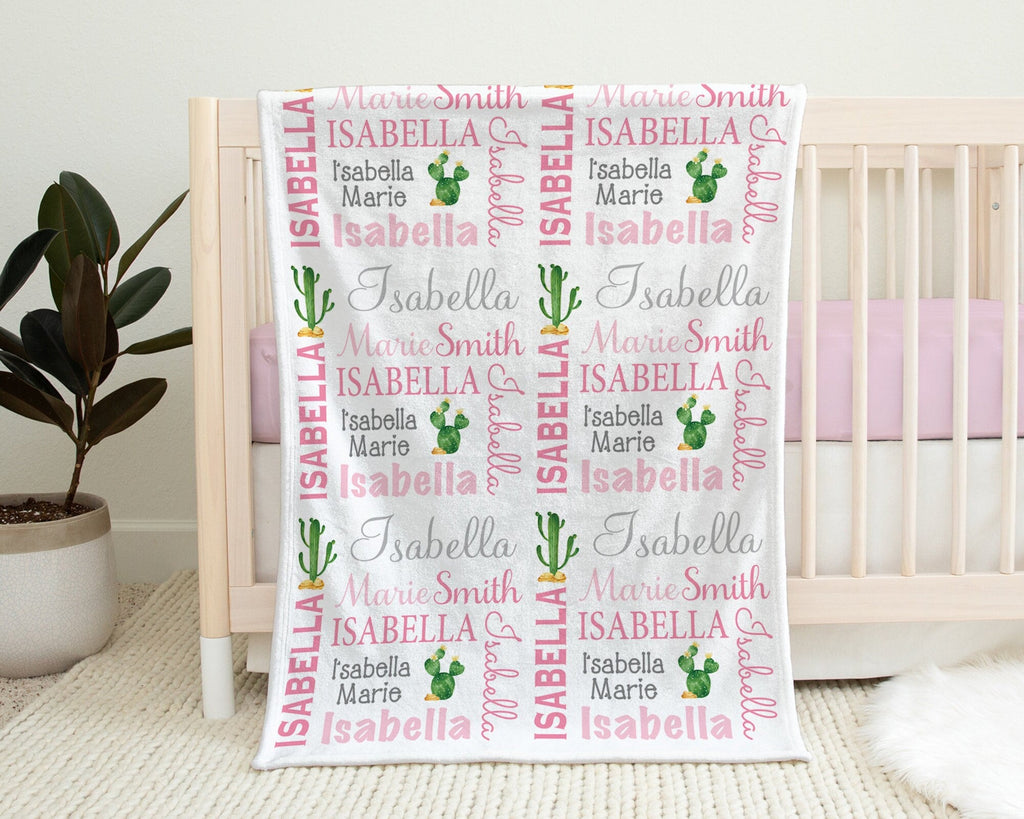 Pink cactus baby girl blanket, newborn desert cactus swaddle blanket, personalized cactus theme newborn baby gift with name (CHOOSE COLORS)