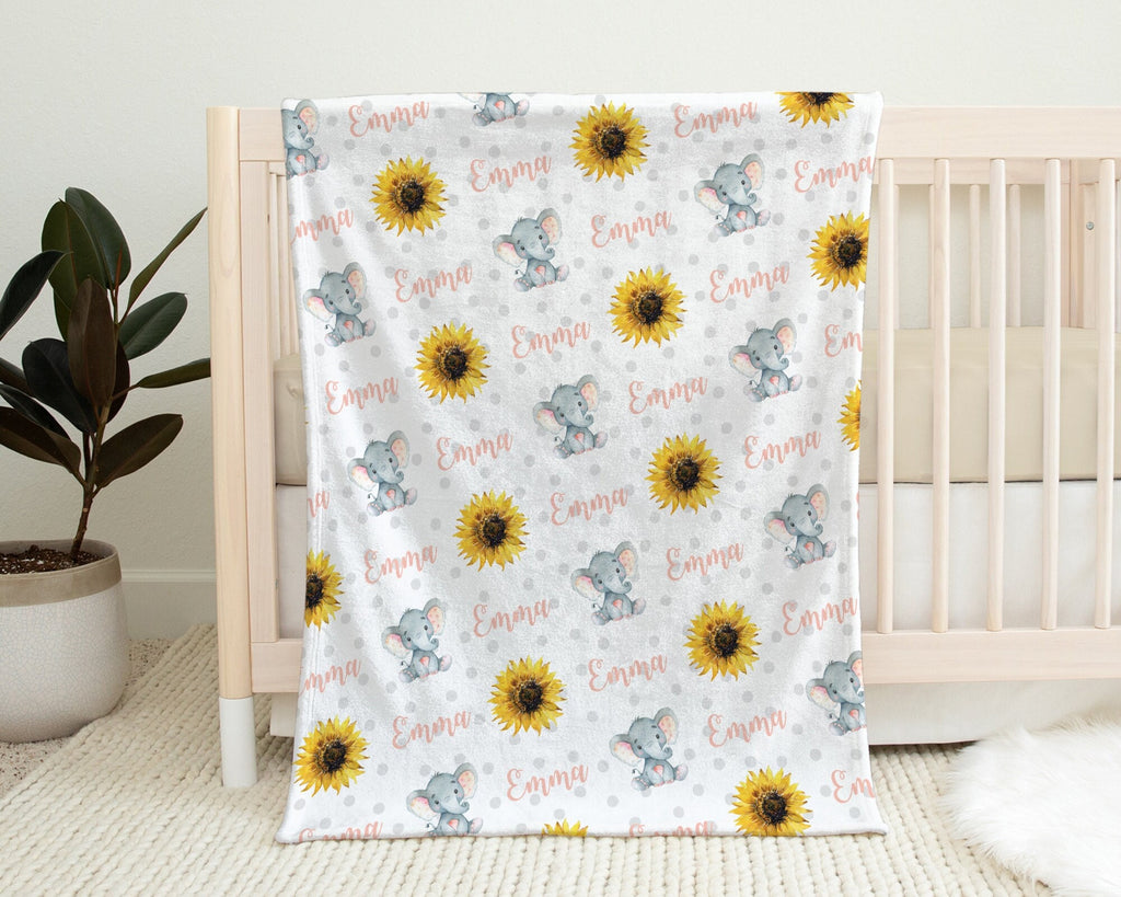 Sunflower elephant baby girls blanket, pink sunflower personalized swaddle blanket with elephants, newborn floral elephant baby gift