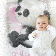 Personalized panda baby girl blanket, newborn panda baby gift, pink panda swaddle blanket with name, polka dot panda pink and gray blanket
