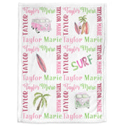 Surfboard baby name blanket, personalized girls pink surfer blanket, newborn beach palm tress baby gift, surfing theme swaddle blanket