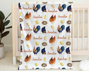 Farm chicken baby girls blanket, personalized swaddle blanket with hens, newborn farm chickens baby gift, farm animals name blanket