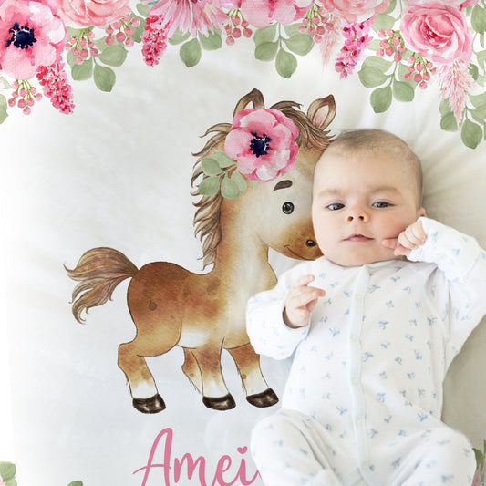 Flroal horse baby girls blanket, personalized swaddle blanket with horse and flowers, newborn farm horse baby gift, farm animal name blanket