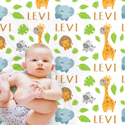 Personalized safari baby blanket, newborn boys swaddle blanket with name and animals, safari animals baby gift (CHOOSE COLORS)