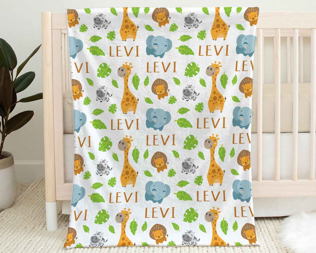 Personalized safari baby blanket, newborn boys swaddle blanket with name and animals, safari animals baby gift (CHOOSE COLORS)