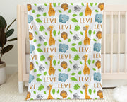 Personalized safari baby blanket, newborn boys swaddle blanket with name and animals, safari animals baby gift (CHOOSE COLORS)