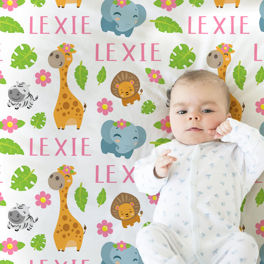 Safari animals baby girls blanket, personalized swaddle blanket with elephants and giraffe, newborn safari baby gift, safari name blanket