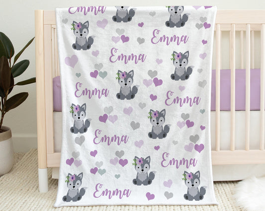 Wolf baby blanket, girls purple wolf personalized blanket, floral wolf swaddle name blanket, newborn wolf hearts baby gift, (CHOOSE COLORS)