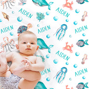 Under the sea personalized baby blanket, boy or girl ocean animal swaddle blanket, newborn beach whale baby name gift, (CHOOSE COLORS)