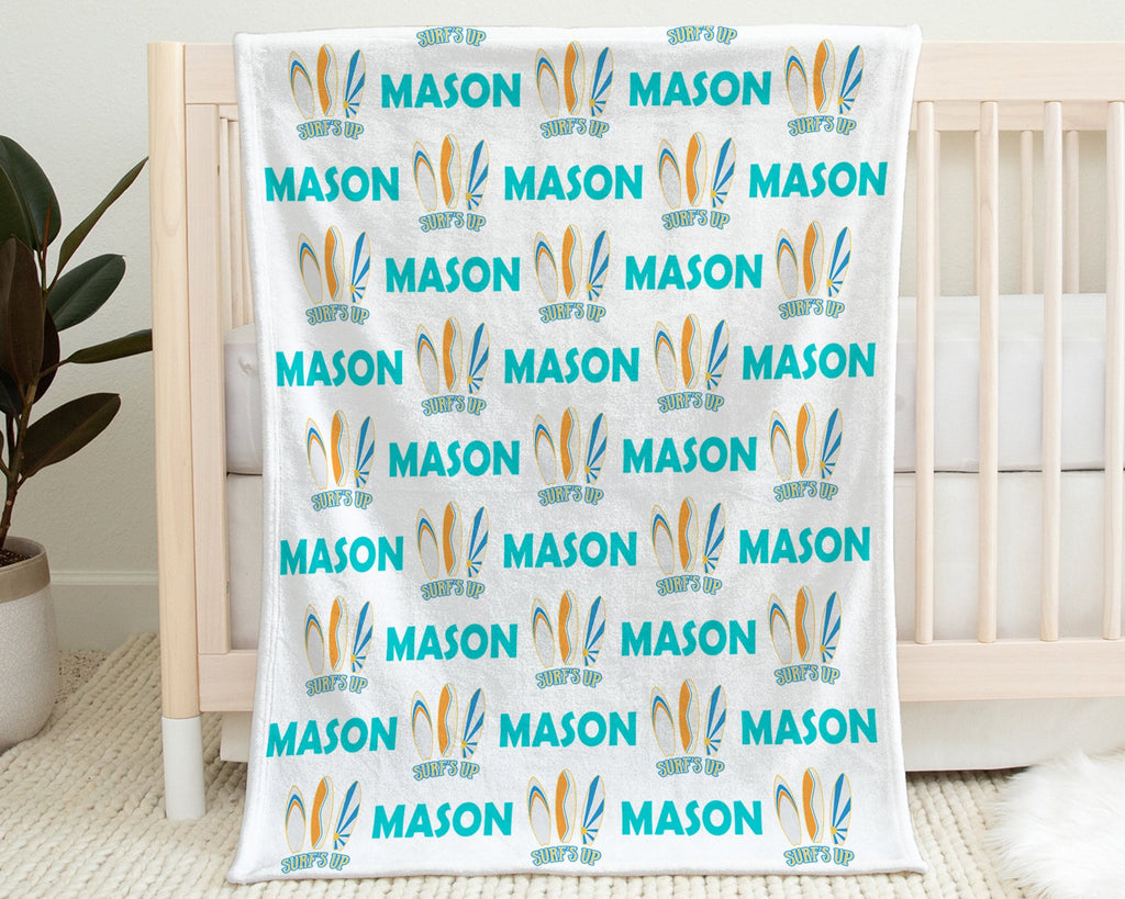 Baby surfing blanket, surfer beach baby name blanket, surfboard newborn boy or girl gift, beach theme swaddle blanket, (CHOOSE COLORS)