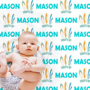 Baby surfing blanket, surfer beach baby name blanket, surfboard newborn boy or girl gift, beach theme swaddle blanket, (CHOOSE COLORS)