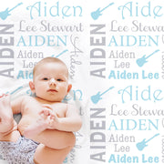 Boy guitar name baby blanket, blue guitar newborn blanket, personalized music guitars baby gift, music swaddle baby blanket, boys blue gray