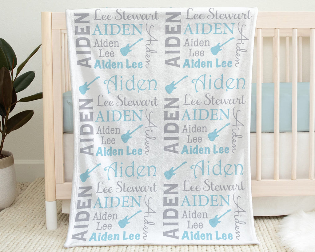 Boy guitar name baby blanket, blue guitar newborn blanket, personalized music guitars baby gift, music swaddle baby blanket, boys blue gray