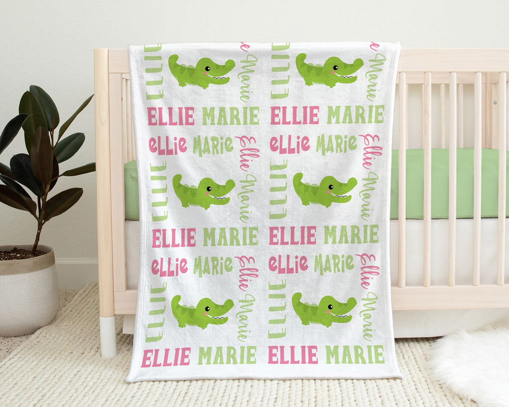 Baby girl blanket with alligators, personalized alligator name newborn blanket, alligator baby gift, baby girl crocodile, alligator swaddle