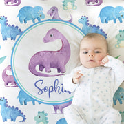 Personalized dinosaur blanket, watercolor dino baby girl blanket, name swaddle, dinosaur girl gift, custom name blanket, gift (ANY COLOR)