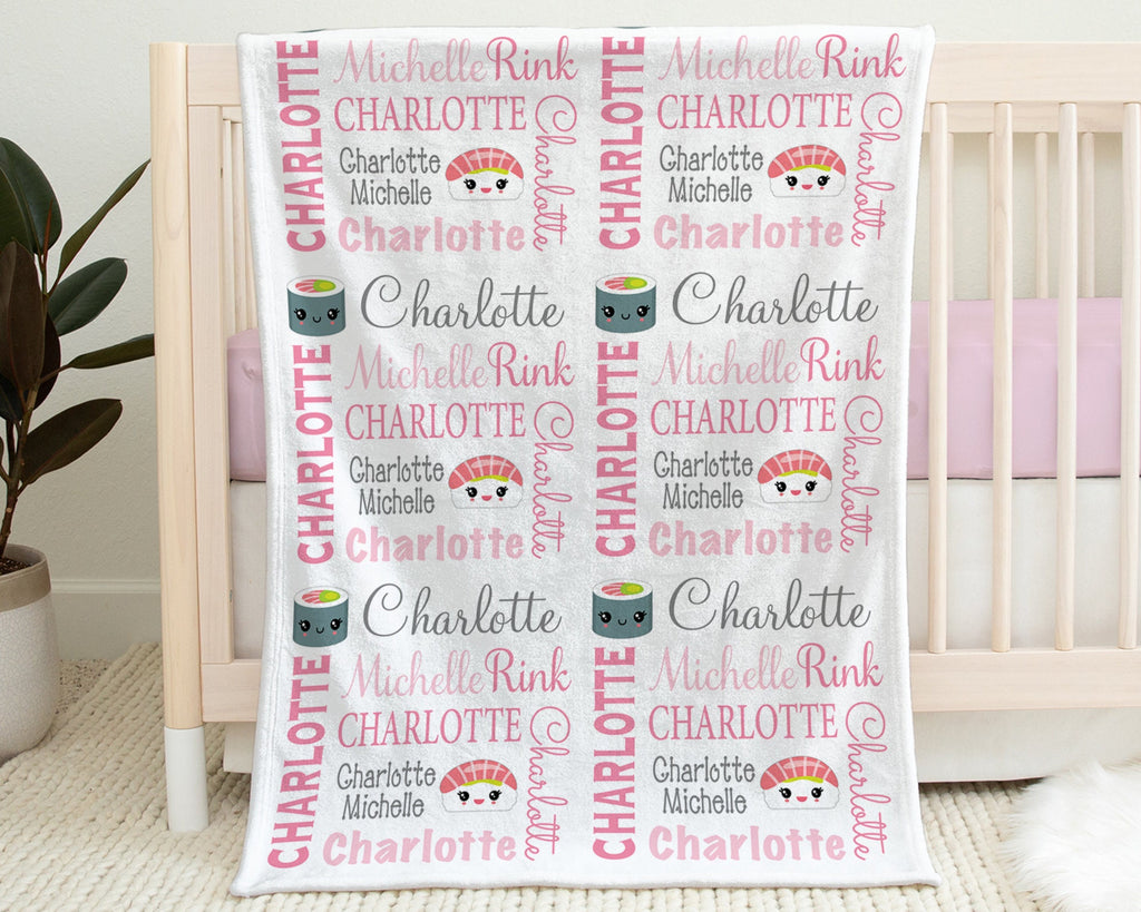 Personalized sushi baby girls blanket, kawaii newborn baby blanket, sushi baby shower gift, pink and gray cute swaddle (CHOOSE COLORS)