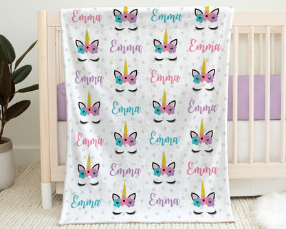 Unicorn baby girl blanket, personalized unicorn newborn name blanket, swaddle blanket with unicorns, unicorns baby girl gift (CHOOSE COLORS)