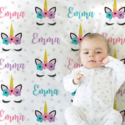 Unicorn baby girl blanket, personalized unicorn newborn name blanket, swaddle blanket with unicorns, unicorns baby girl gift (CHOOSE COLORS)
