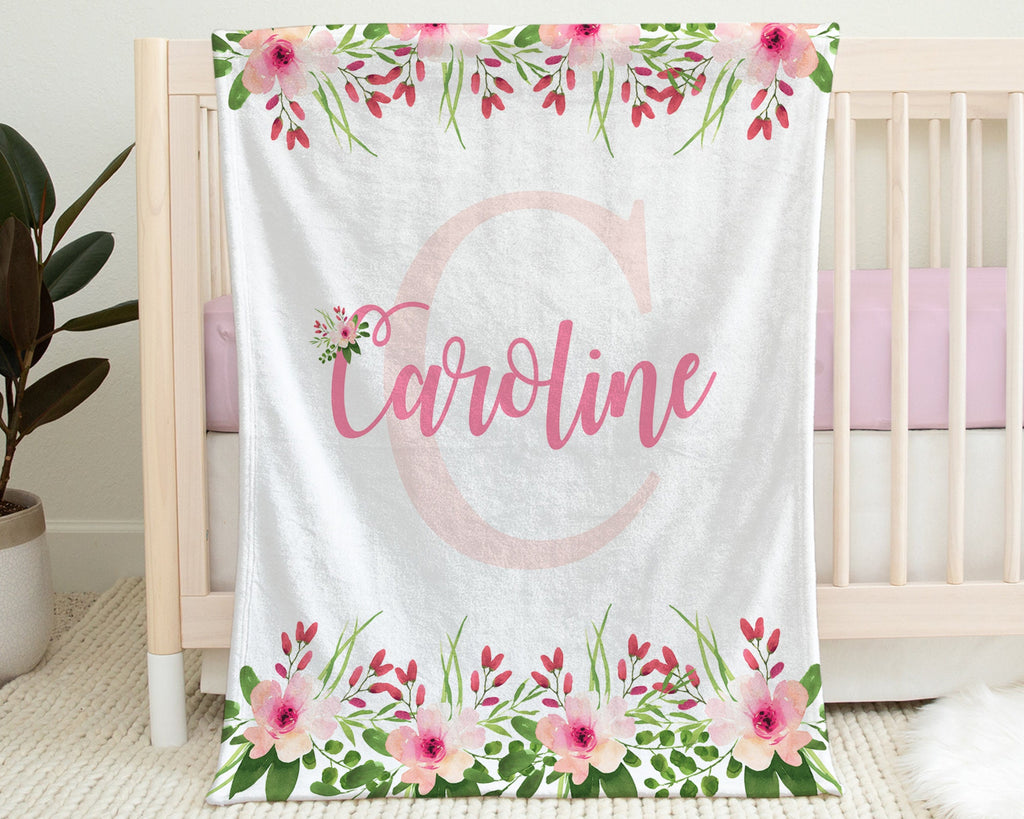 Newborn baby blanket with name and flowers, personalized girl pink floral swaddle blanket, initial personalized baby gift with name,