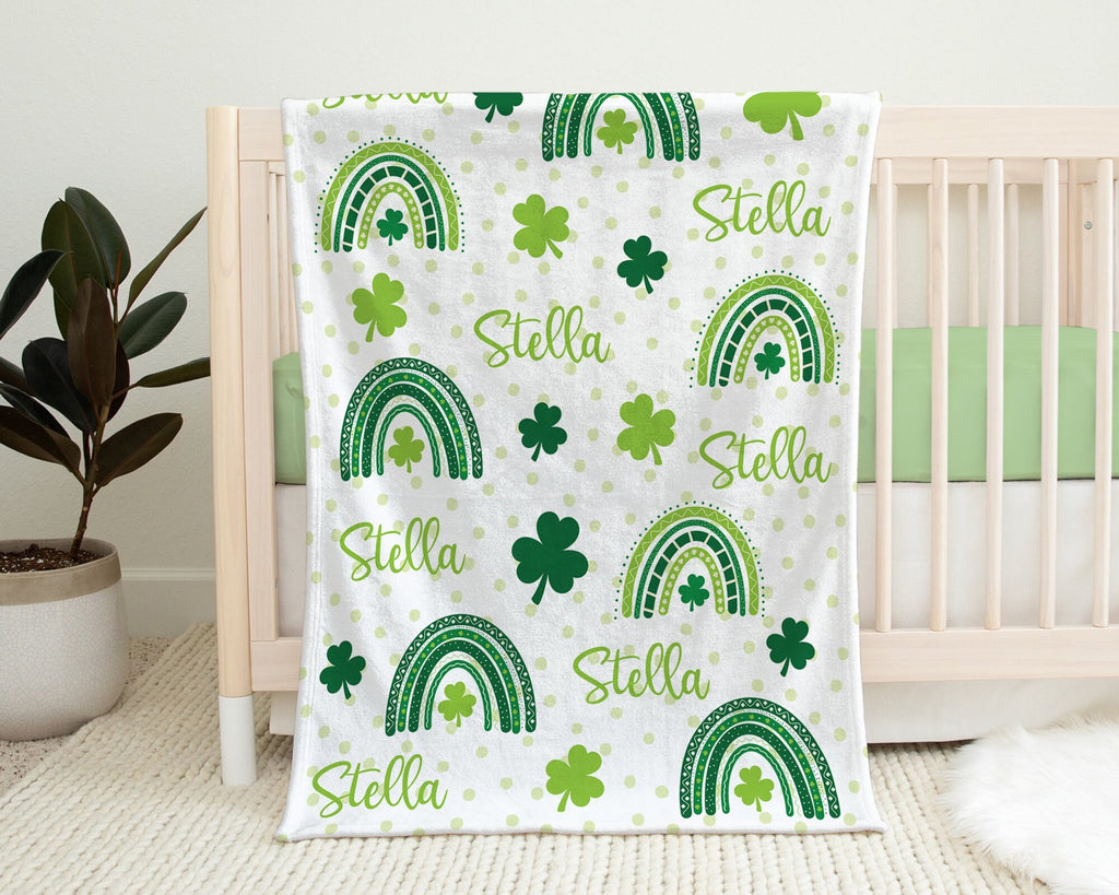 Rainbow shamrock personalized baby blanket, st patricks lucky girls name swaddle blanket, clover newborn baby gift, (CHOOSE COLORS)