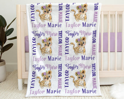 Tiger girl baby blanket, girls purple tigers blanket with name, personalized newborn tiger cub gift, tigers swaddle blanket (CHOOSE COLORS)