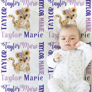 Tiger girl baby blanket, girls purple tigers blanket with name, personalized newborn tiger cub gift, tigers swaddle blanket (CHOOSE COLORS)