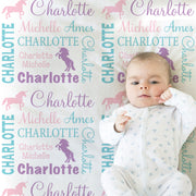 Personalized unicorn baby blanket, newborn baby girl swaddle blanket with name, pink and purple baby gift with unicorns, (CHOOSE COLORS)
