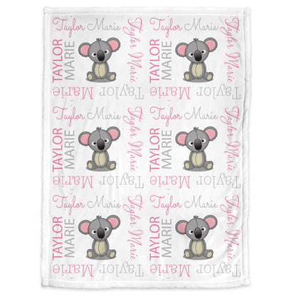 Koala bear baby blanket, baby girl personalized koala name swaddle blanket, newborn koalas baby gift in pink and gray (CHOOSE COLORS)
