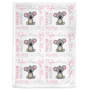 Koala bear baby blanket, baby girl personalized koala name swaddle blanket, newborn koalas baby gift in pink and gray (CHOOSE COLORS)